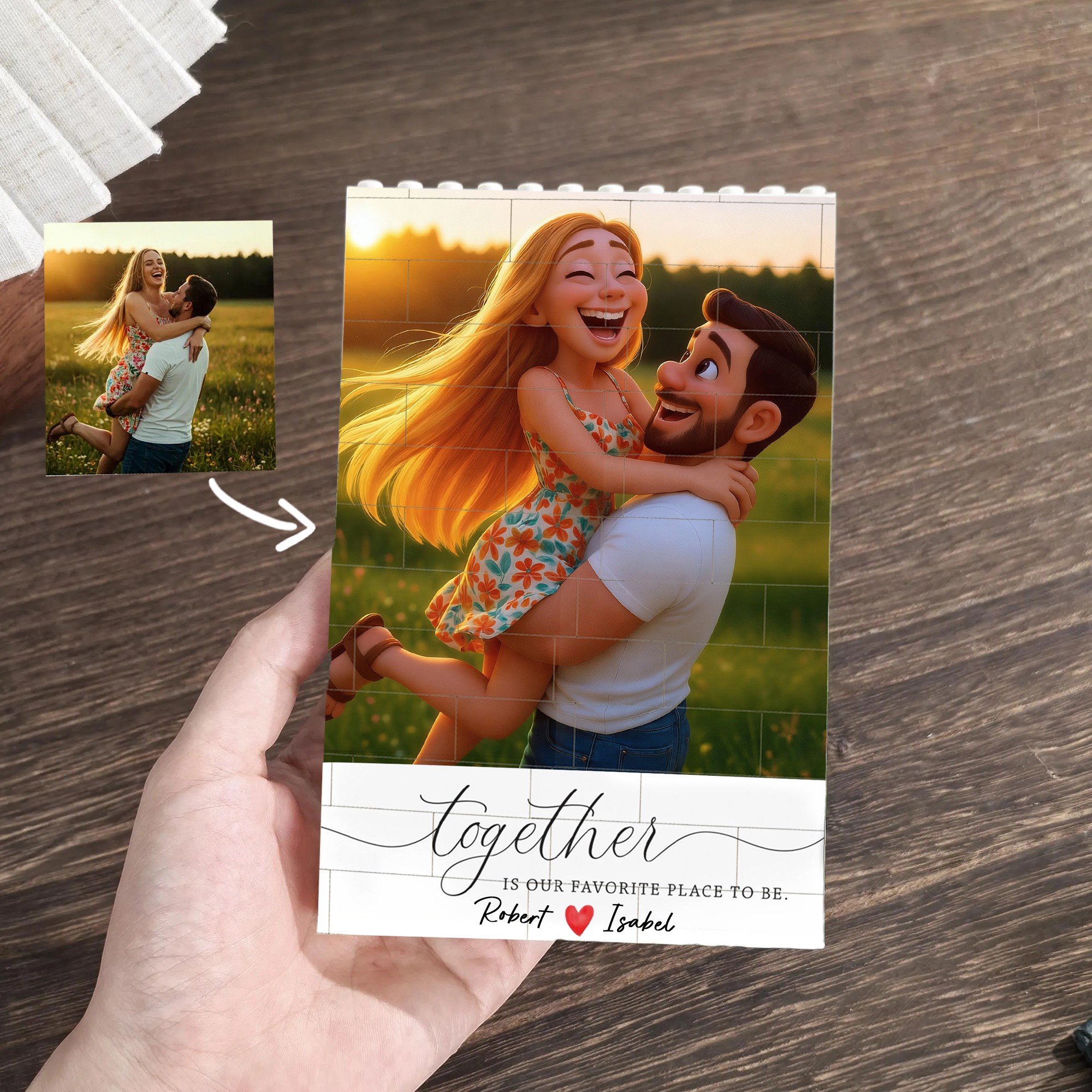 Personalized Together Is Our Favorite Place To Be 3D Cartoon Portrait Puzzle Blocks