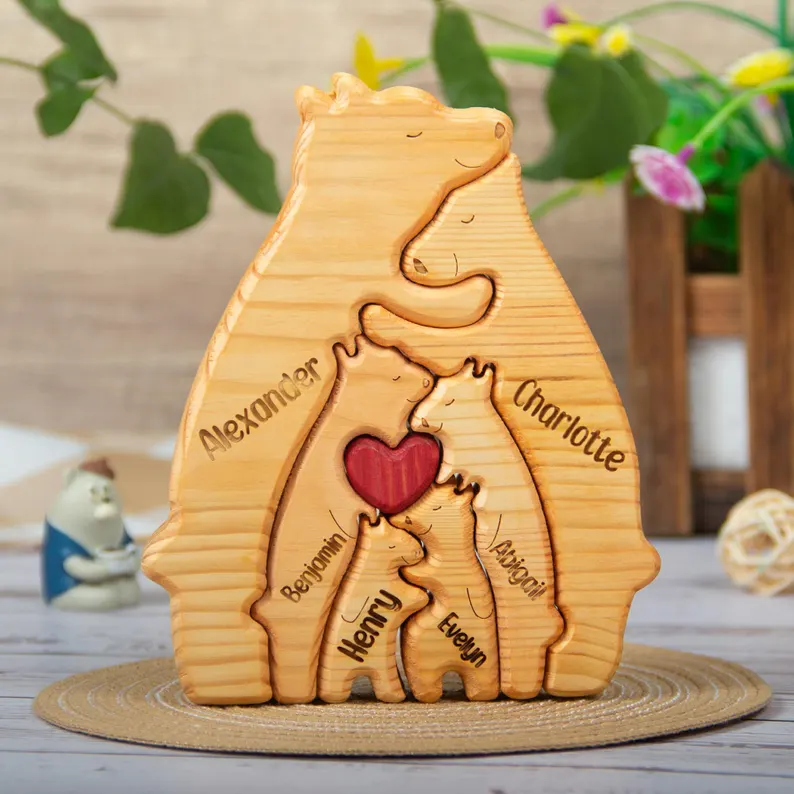 Personalized Wooden Bear Family Puzzle with Names