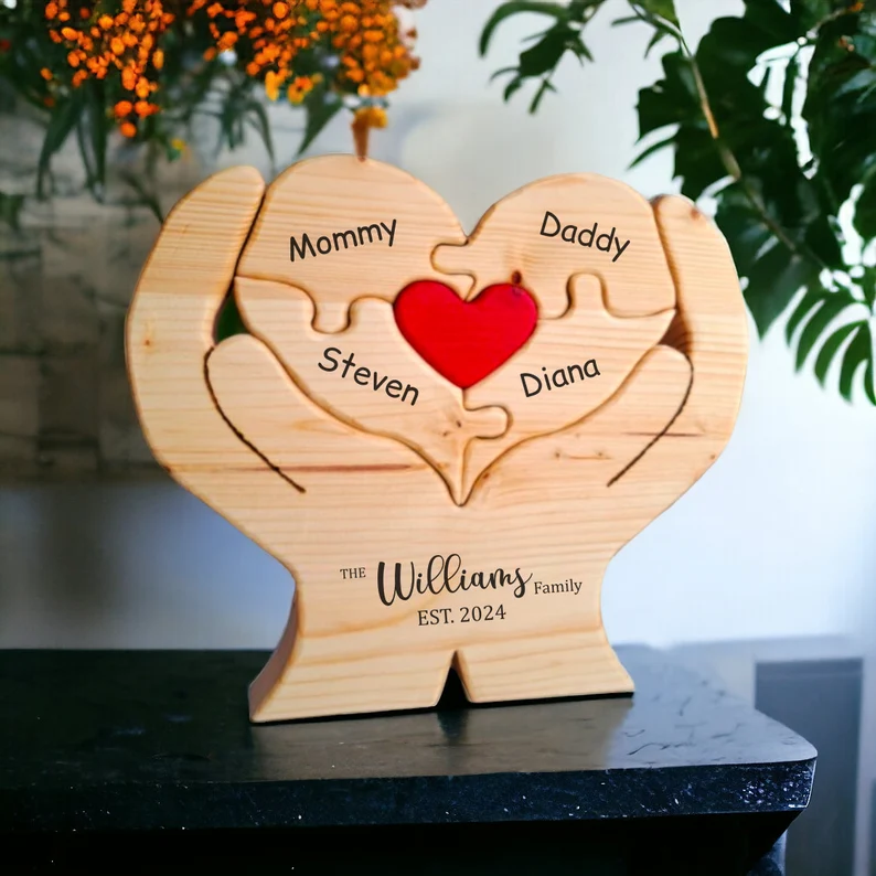 Personalized Wooden Heart Shape Family Puzzle with Names