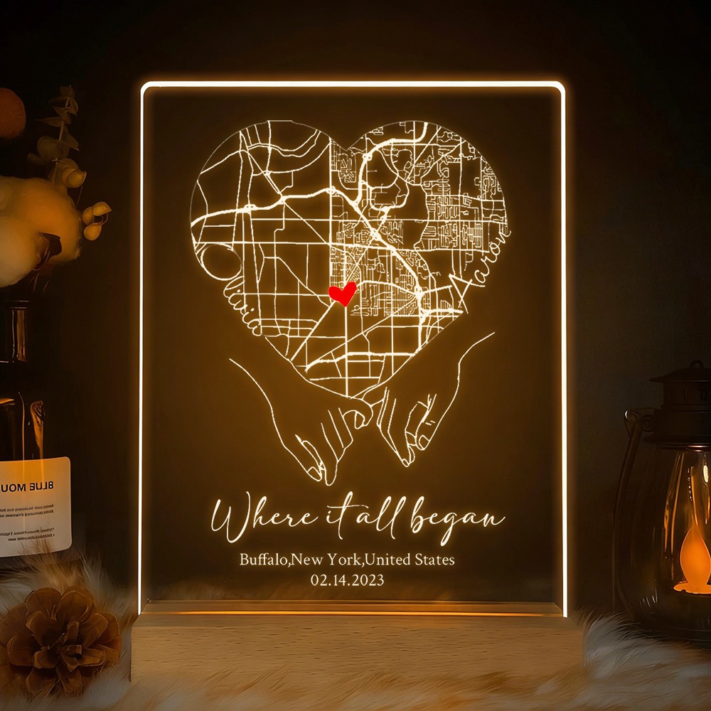 Custom Where It All Began Acrylic Map Night Light for Couple