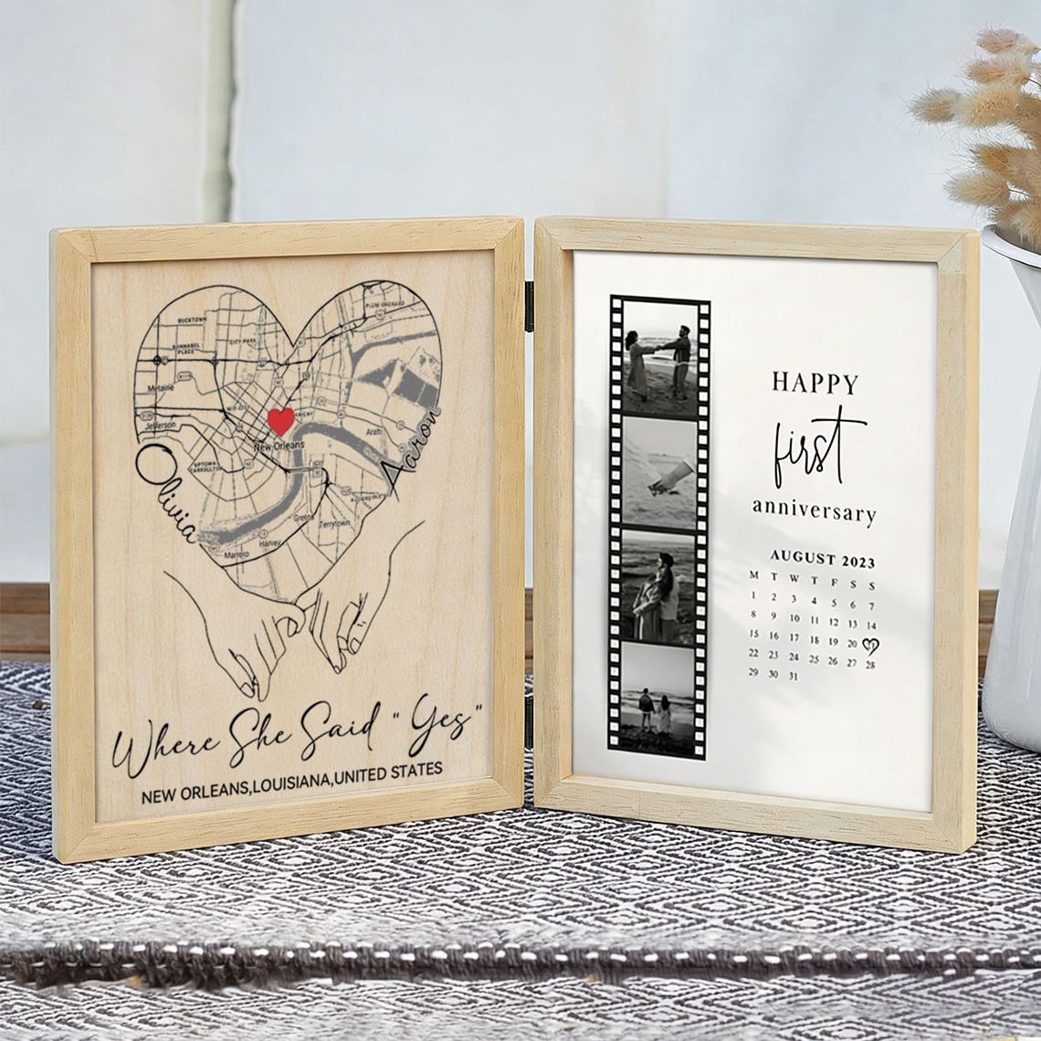Custom Where She Said Yes Wooden Anniversary Frame Box for Couple