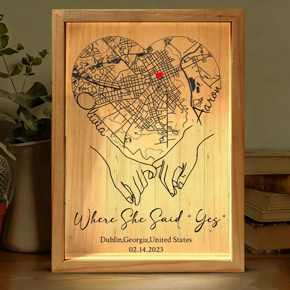 Personalized Where She Said Yes Map Light Box for Couple
