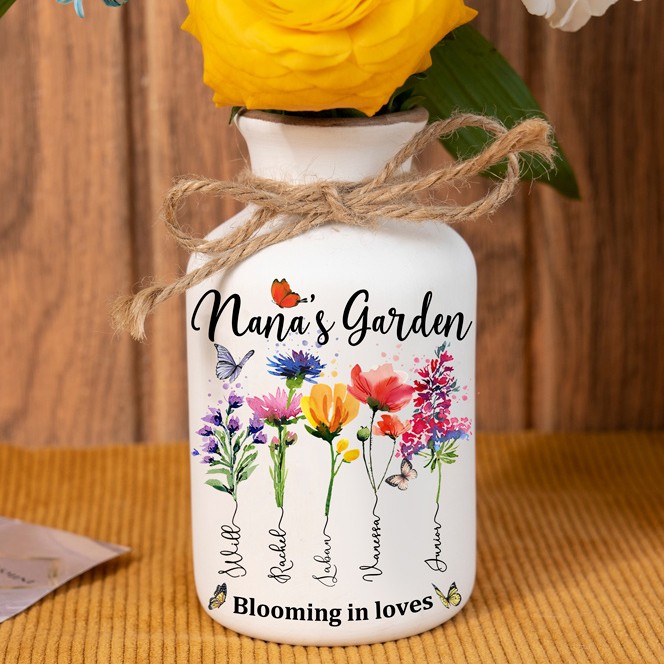 Custom Family Garden Birth Flower Vase With Grandchildren Name For Mother's Day Gift