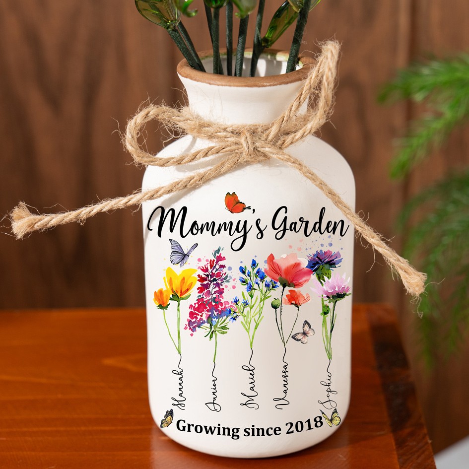 Custom Family Garden Birth Flower Vase With Grandchildren Name For Mother's Day Gift