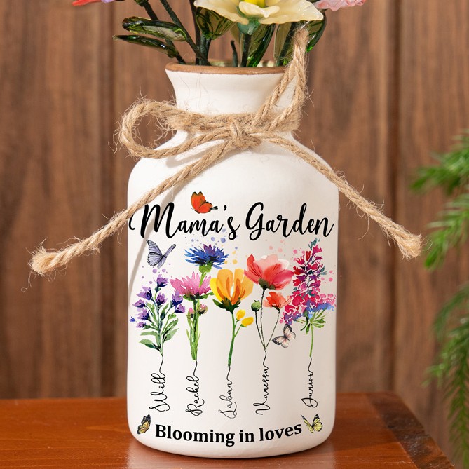 Custom Family Garden Birth Flower Vase With Grandchildren Name For Mother's Day Gift