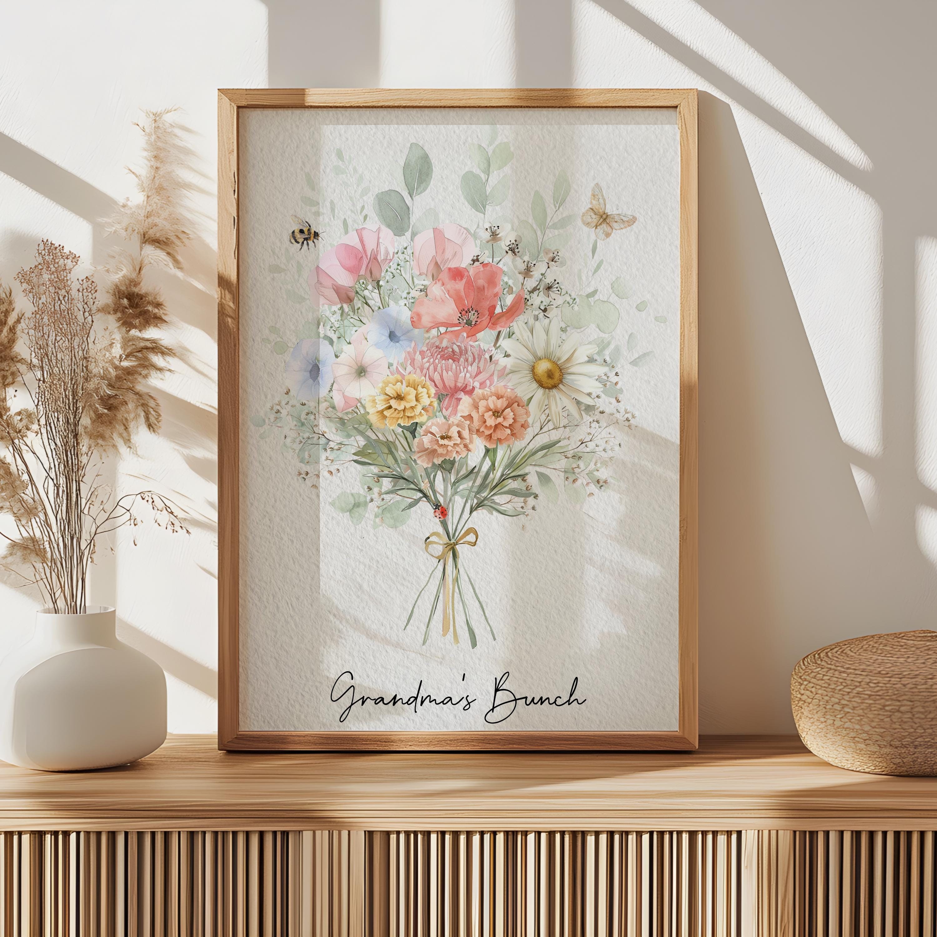 Family Birth Flower Bouquet | Gift for Mom Personalized Watercolor Birth Month Flower Print Custom Framed Physical Print