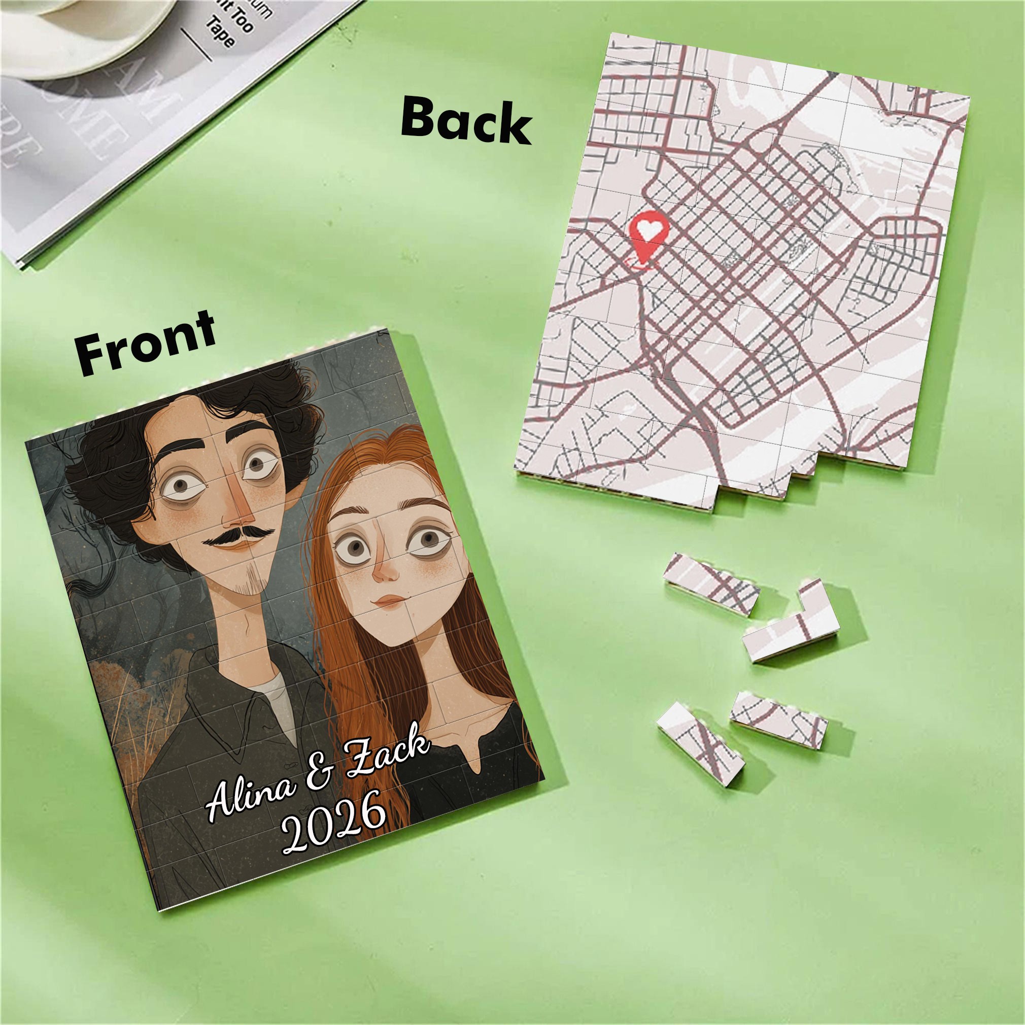 Personalized Map Print Building Brick Puzzle With Gothic Portrait Valentine's Gifts For Her