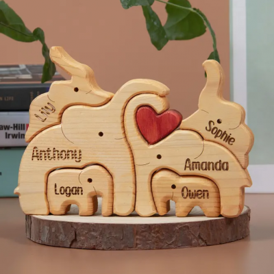 Personalized Wooden Elephant Family Puzzle with Names