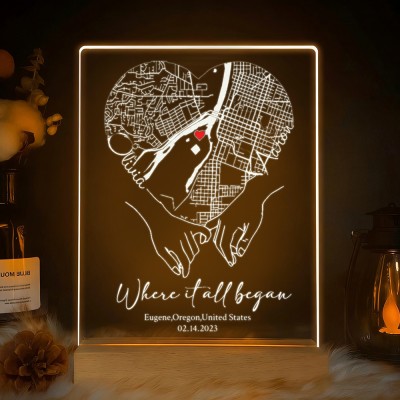 Custom Where It All Began Acrylic Map Night Light for Couple
