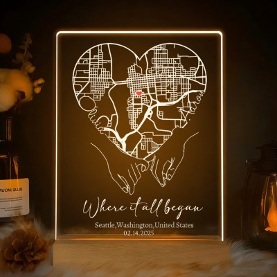 Custom Where It All Began Acrylic Map Night Light for Couple