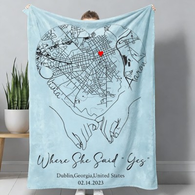 Custom Where She Said Yes Love City Map Blanket for Couple