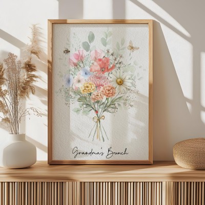 Family Birth Flower Bouquet | Gift for Mom Personalized Watercolor Birth Month Flower Print Custom Framed Physical Print
