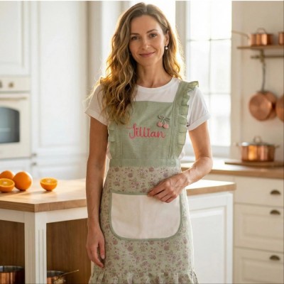 Personalized Floral Cotton Apron with Pockets Mother's Day Gift